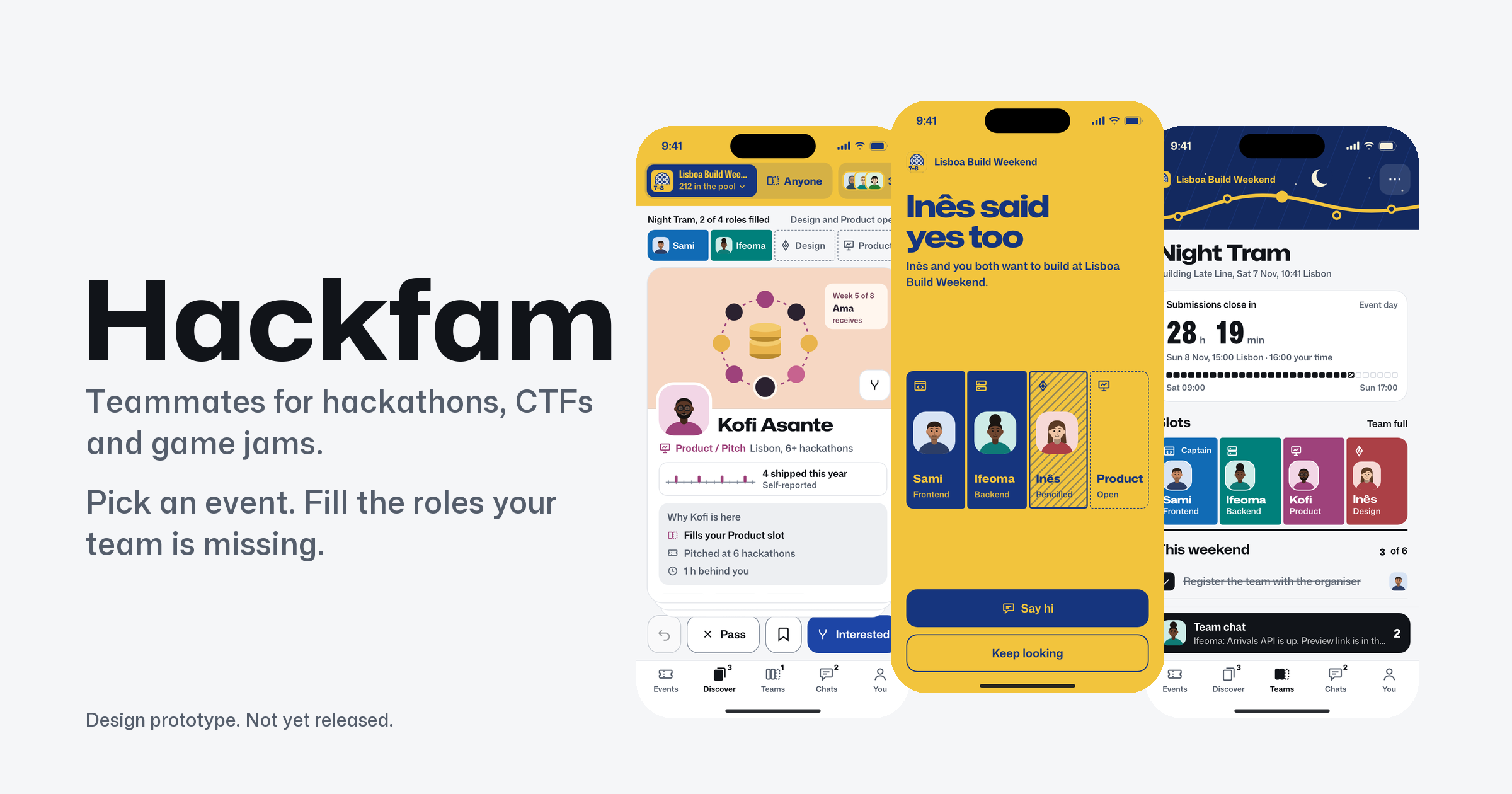 Three phone screens: a builder card in the Discover deck, the moment both people say yes, and a team with every role filled.