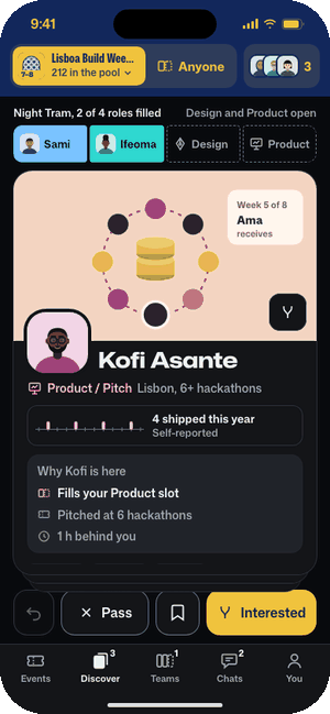 Discover flow: drag and swipe builders, mutual match with Inês