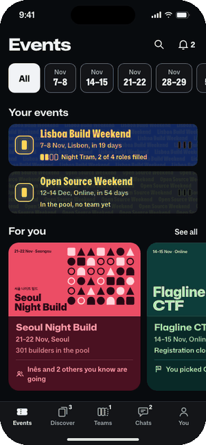 Events flow: filter weekend, Seoul Night Build, wristband snaps shut