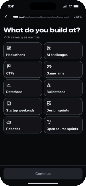 Onboarding flow: pick events, connect GitHub, and choose roles