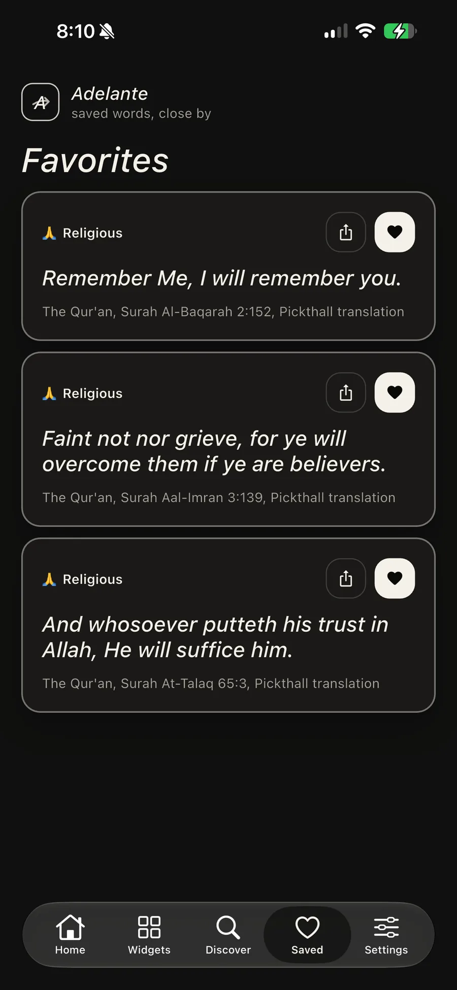 The Adelante Favorites screen, listing saved quotations. Each keeps its category chip and its full source line, such as "The Qur'an, Surah Al-Baqarah 2:152, Pickthall translation".
