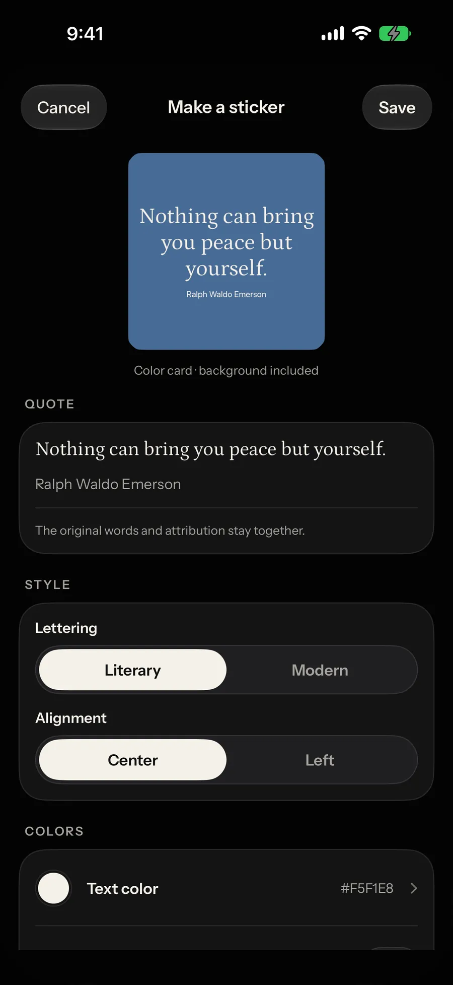 The Adelante Messages extension on iPhone, showing a Make a sticker editor. A blue colour-card sticker reads “Nothing can bring you peace but yourself.” credited to Ralph Waldo Emerson, above the quote text, Lettering and Alignment controls, and a Text color row.