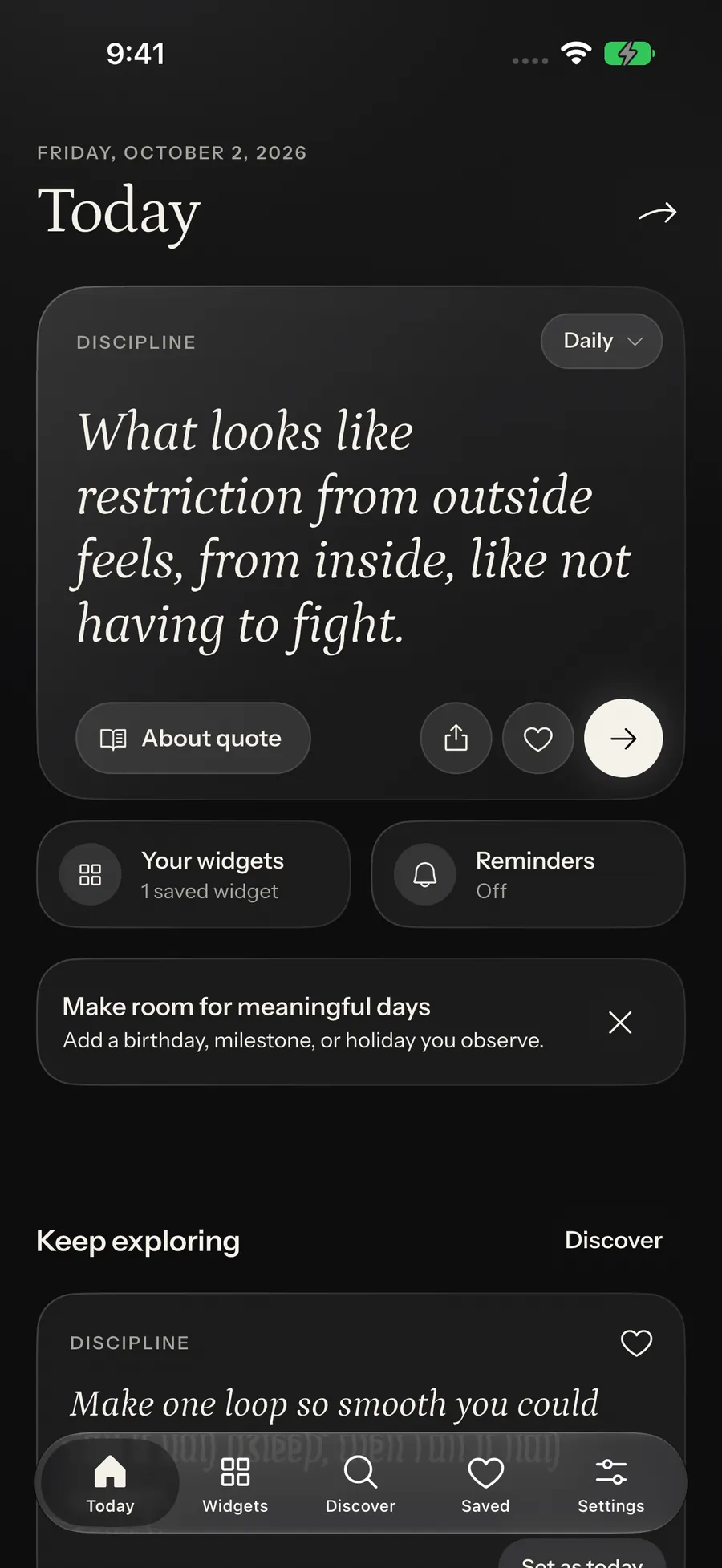 Adelante Today screen with the day’s quote, its source and quick actions