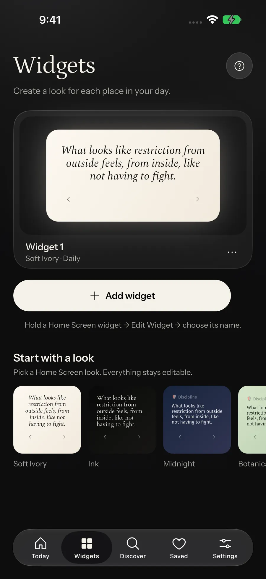 Adelante widget gallery showing Home Screen widgets in several sizes