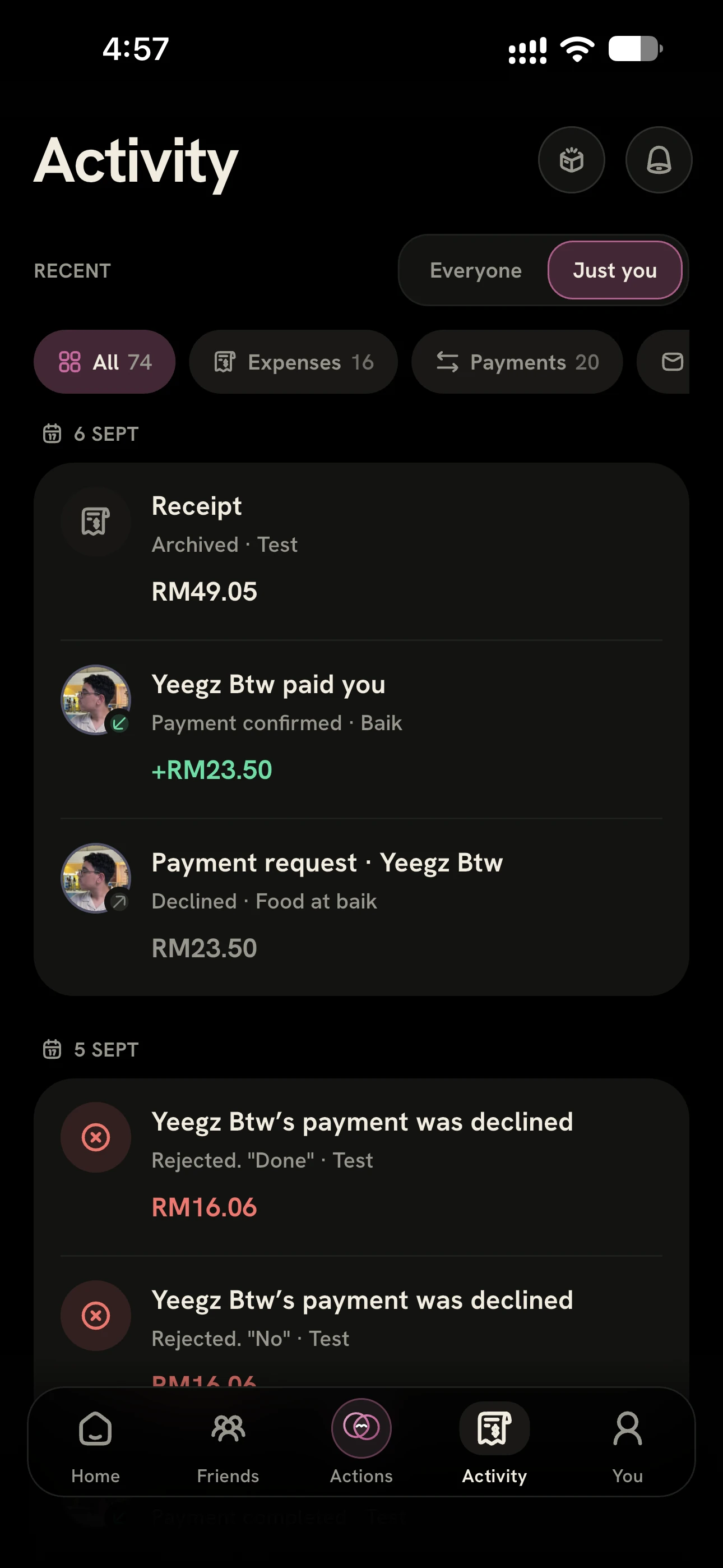 Bupples activity feed with expense and payment filters and dated payment states.