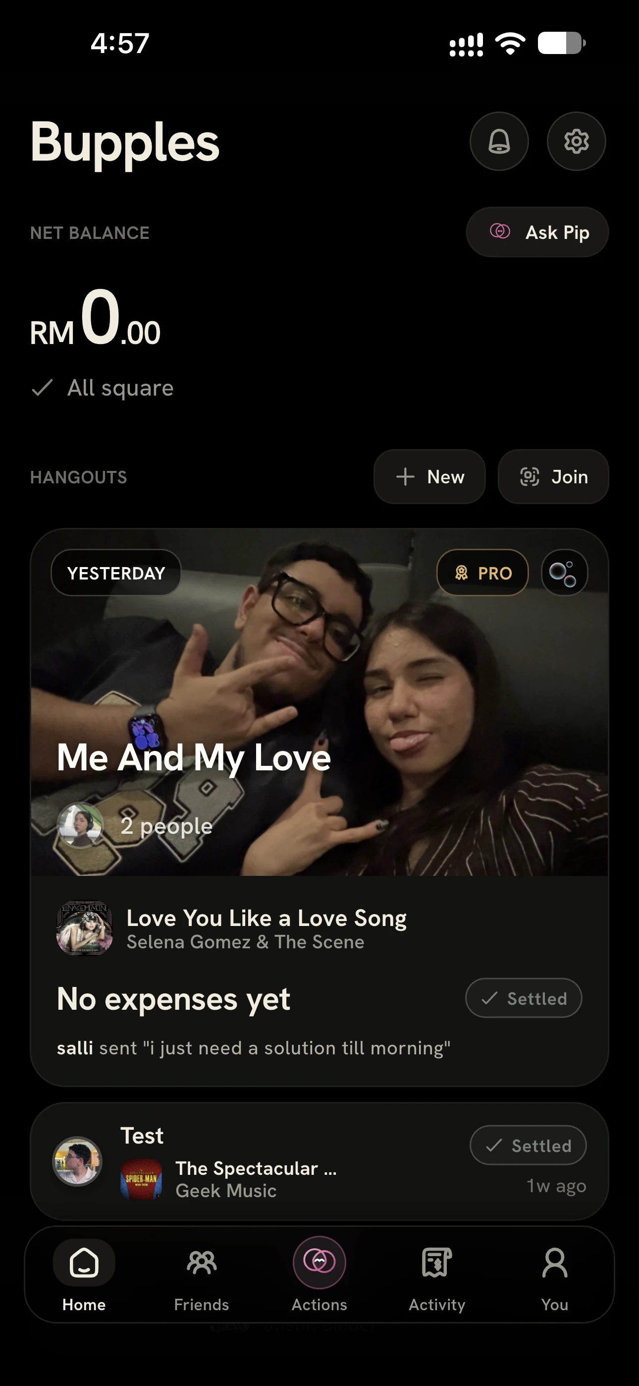Bupples home screen with a net balance, hangout cards and New and Join actions.