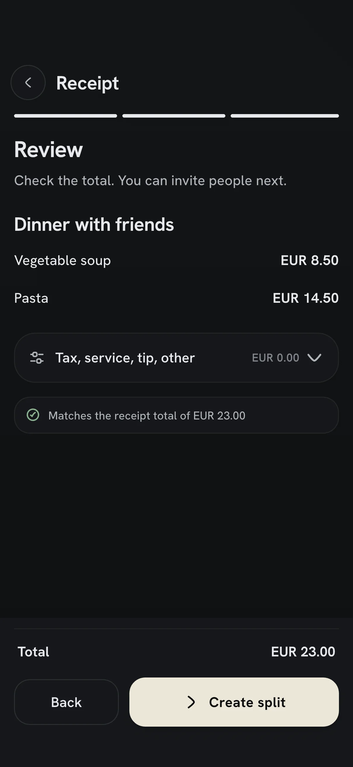 Bupples receipt review for a dinner with friends: vegetable soup and pasta in euros, tax and service at zero, and a check that the lines match the receipt total of EUR 23.00, above Back and Create split.