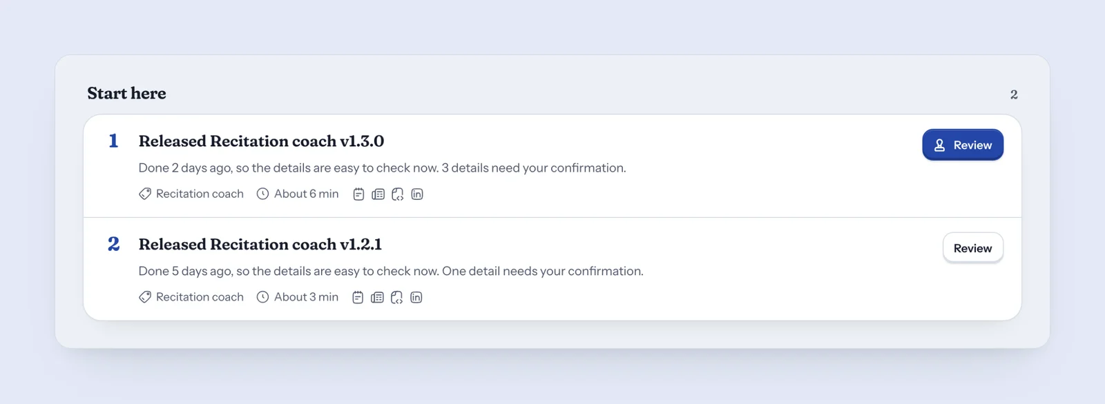 CareerOS’s Start here queue with two numbered items, each with a Review button and what needs confirming.