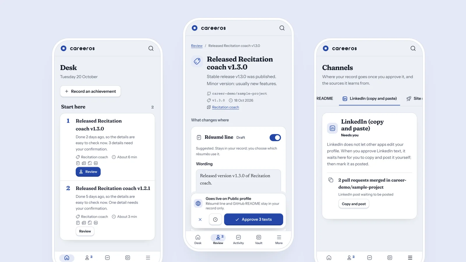 Three phone screens of CareerOS: Desk, Review and Channels.