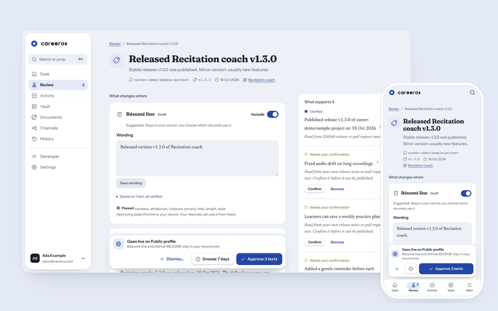 CareerOS on a laptop and a phone: a review screen with a drafted résumé line for a v1.3.0 release, the evidence it cites and an Approve button.