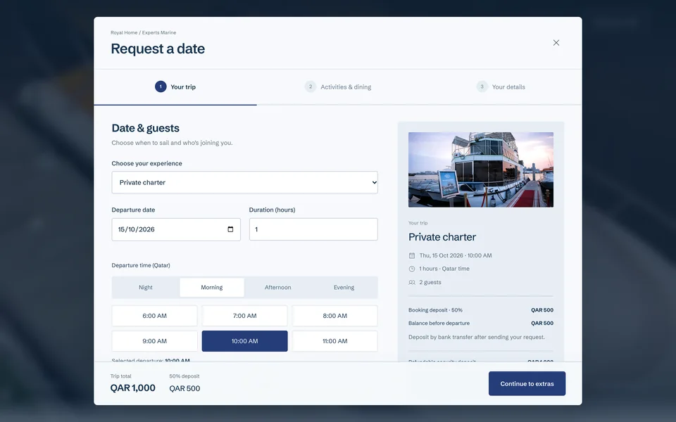 Request a date, step one of three: experience, departure date, duration and time, with the trip total and the 50% deposit.