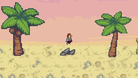 Fallen Asteri: the heroine on a sunset beach between palm trees
