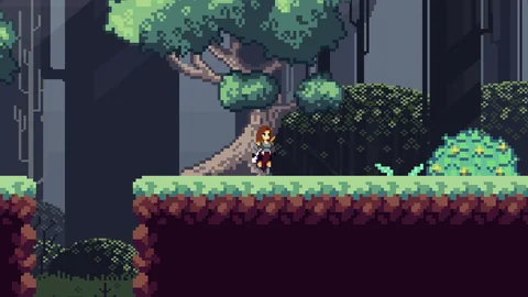 Fallen Asteri: the heroine in the forest level, on a grassy ledge under the trees