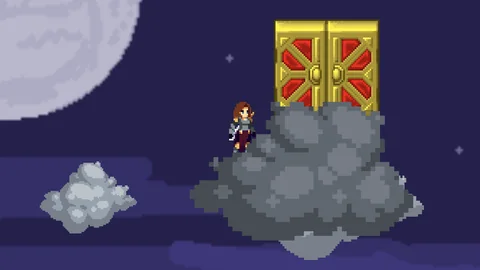 Fallen Asteri: the heroine on a cloud in front of a golden door, under a full moon
