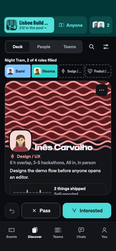 HACKFAM’s current Flutter Discover screen with a sample builder and explainable teammate fit; development build.