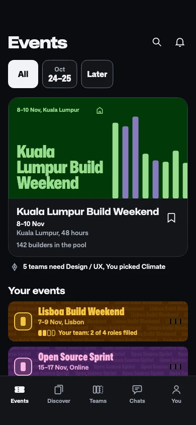 HACKFAM’s current Flutter Events screen, with sample upcoming events and crews; development build.