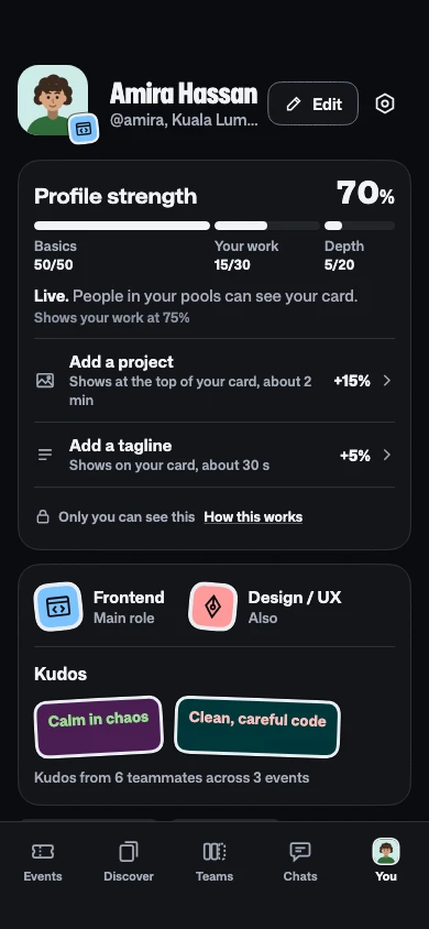 HACKFAM’s current Flutter profile screen with sample skills and event preferences; development build.