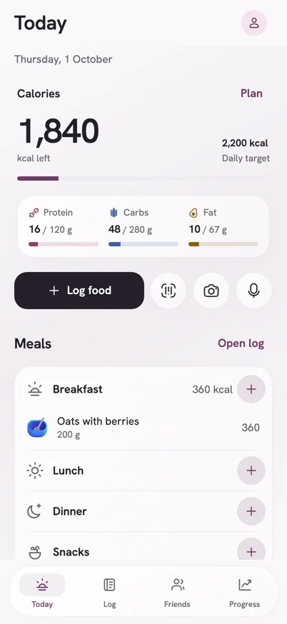 NutriGo’s Today screen with a test account: calories left against the day’s target, protein, carbs and fat, and the day’s meals.