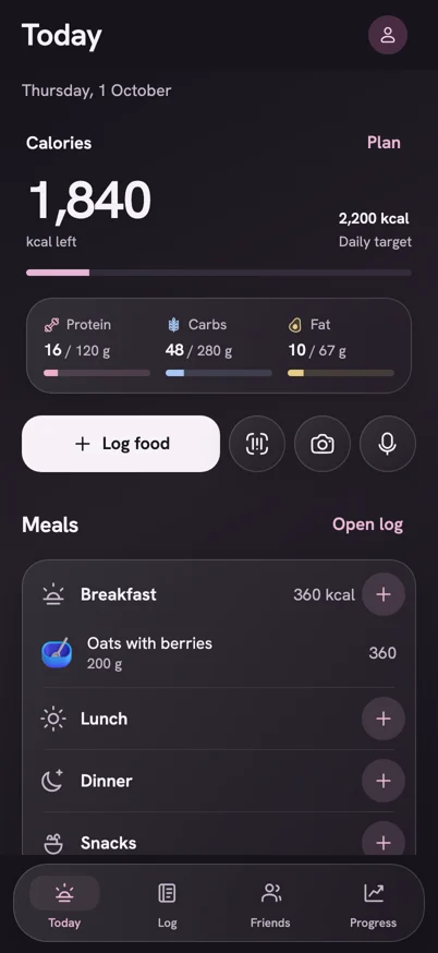 NutriGo’s Today screen with a test account: calories left against the day’s target, protein, carbs and fat, and the day’s meals.