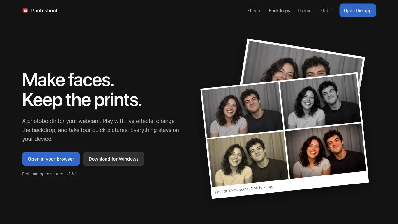 Photoshoot 1.5.1’s live product site: four edited prints beside browser and Windows download links.