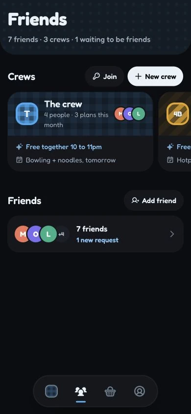 Planket’s redesigned Friends screen with crews, shared free time and friend requests; local demo data.