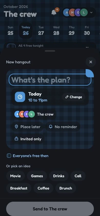 Planket’s latest plan composer with time, crew, place, reminders and idea chips; local demo data.