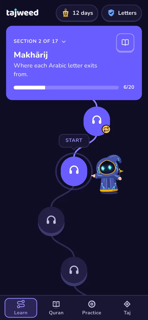 The learning path in dark mode, with Taj beside the next lesson