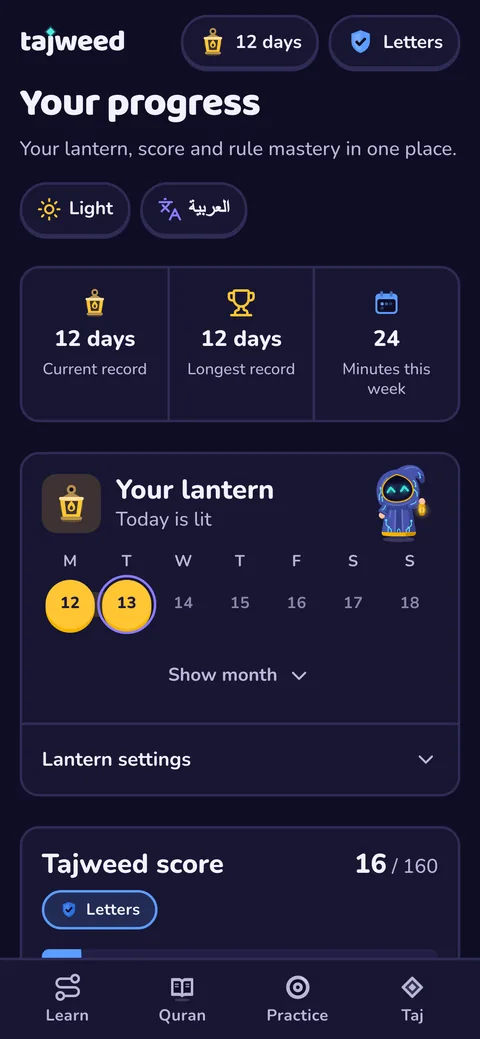 The progress page in dark mode: lantern record, calendar and Tajweed score