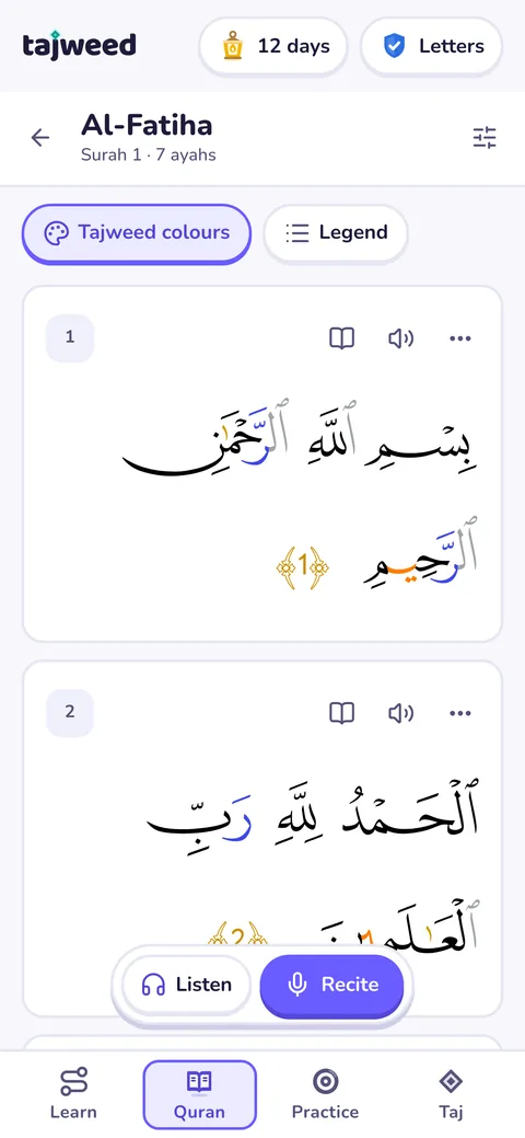 The Quran reader showing Al-Fatiha in tajweed colours, with Listen and Recite