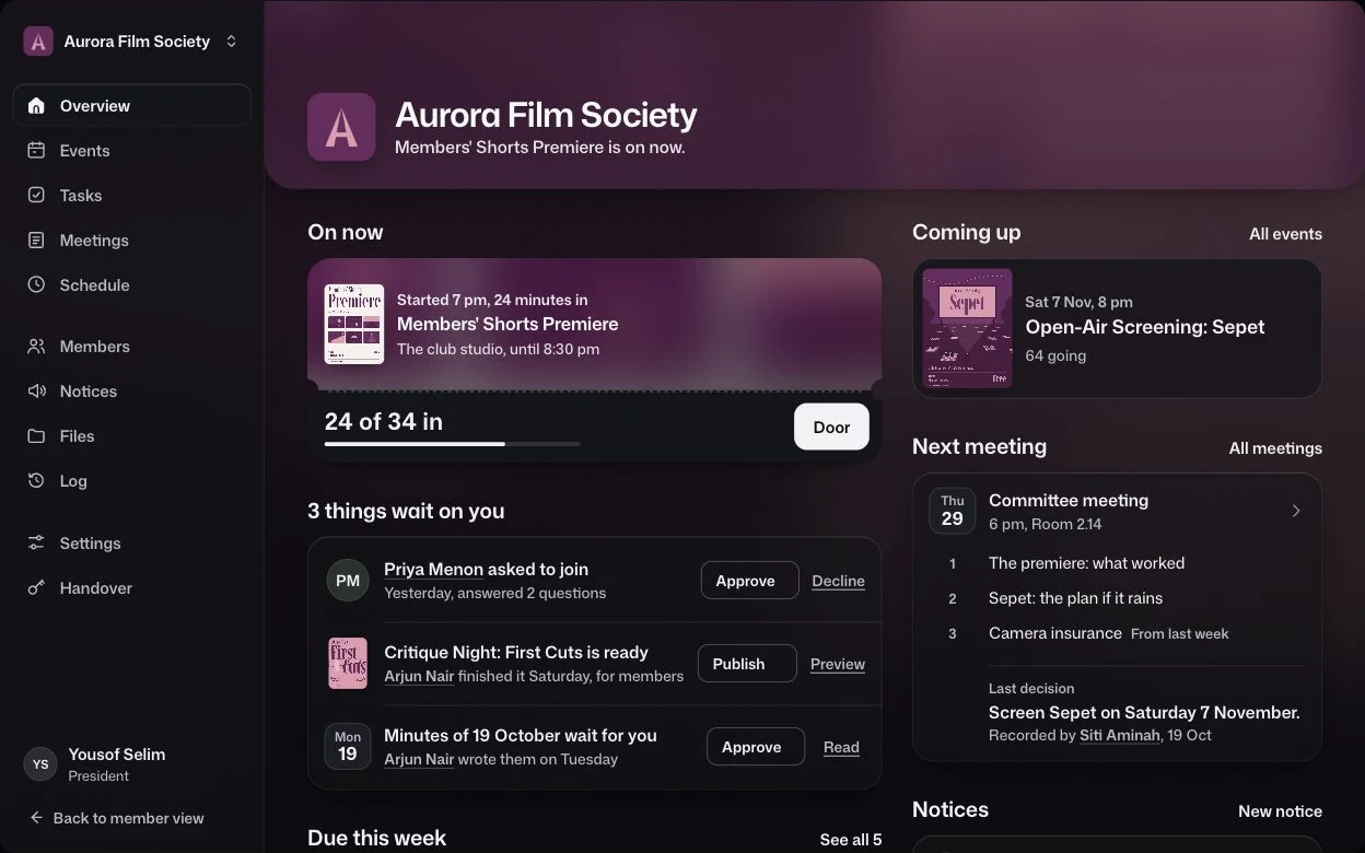 WayClub’s 26 October committee design prototype: a live event, membership requests, publishing and meeting approvals for a fictional film society.