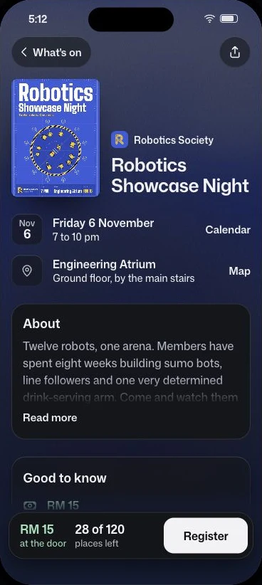 WayClub’s redesigned Robotics Showcase Night event, with poster, date, venue, details, places remaining and Register action.