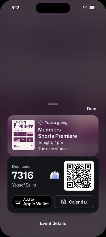 WayClub’s ticket design prototype showing a fictional film premiere, door code, QR code and calendar and Wallet actions.