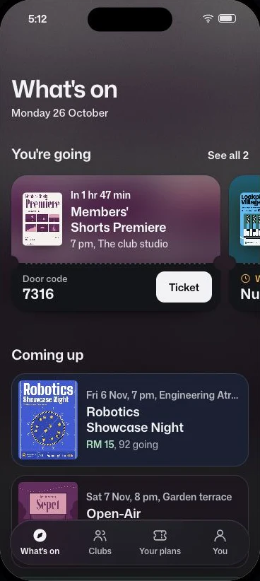 WayClub’s What’s on design prototype with a film premiere ticket, waiting-list position and upcoming club events.