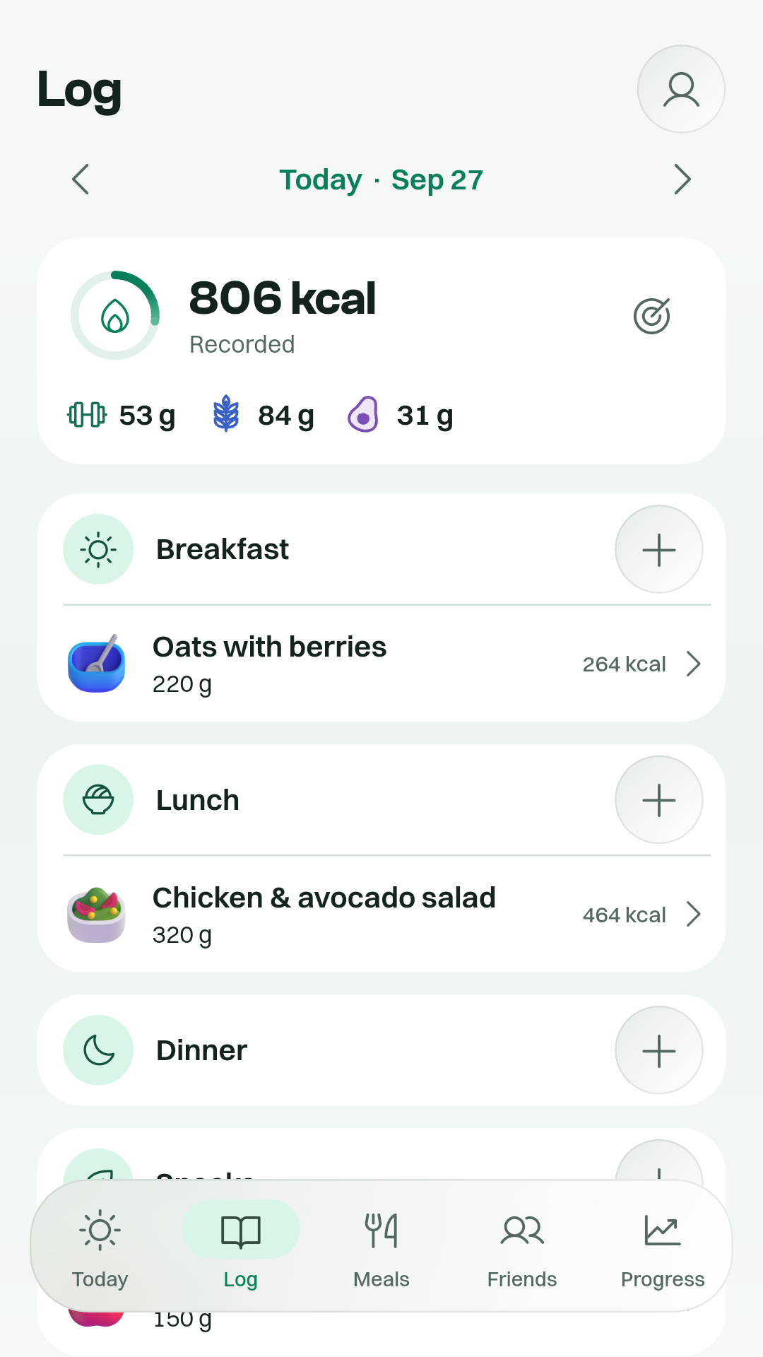 NutriGo Log in light mode, showing meals and nutrition