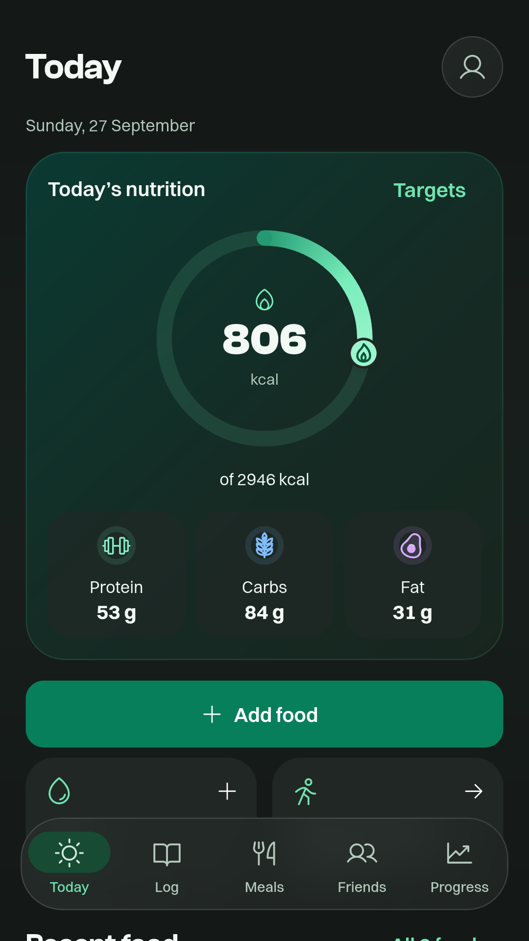 NutriGo Today in dark mode, showing calorie progress, macros and water
